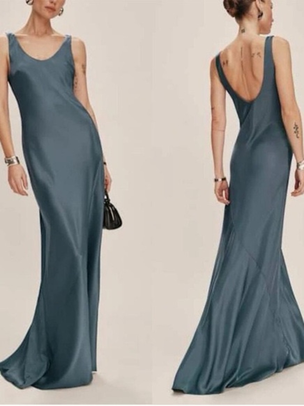 Reformation Teal Satin Scoop-Neck Maxi Gown - Picture 2 of 4